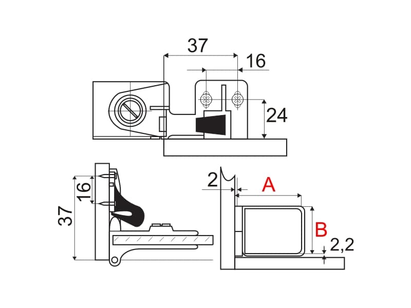 Glass door hinge - no drilking schema