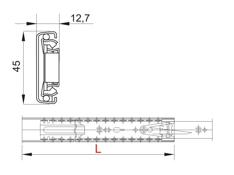 Ballbearing slide, full extension, H45mm, PUSH, GTV schema