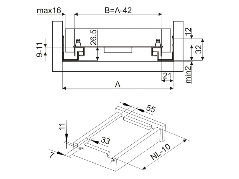 Undermount drawer, full extension, soft closing, 16mm, GTV schema