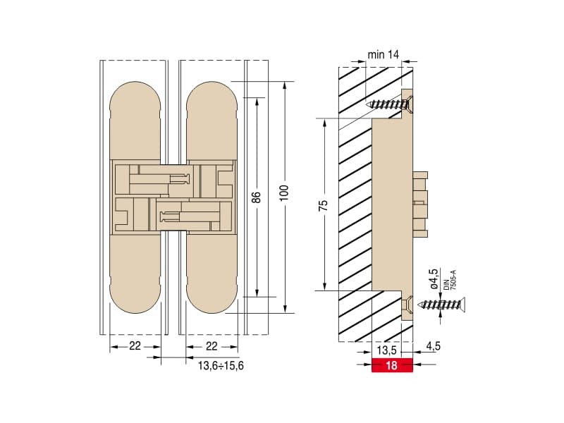 Concealed hinge for interior doors with 3D adjustment, model 1129, 25/30kg. schema
