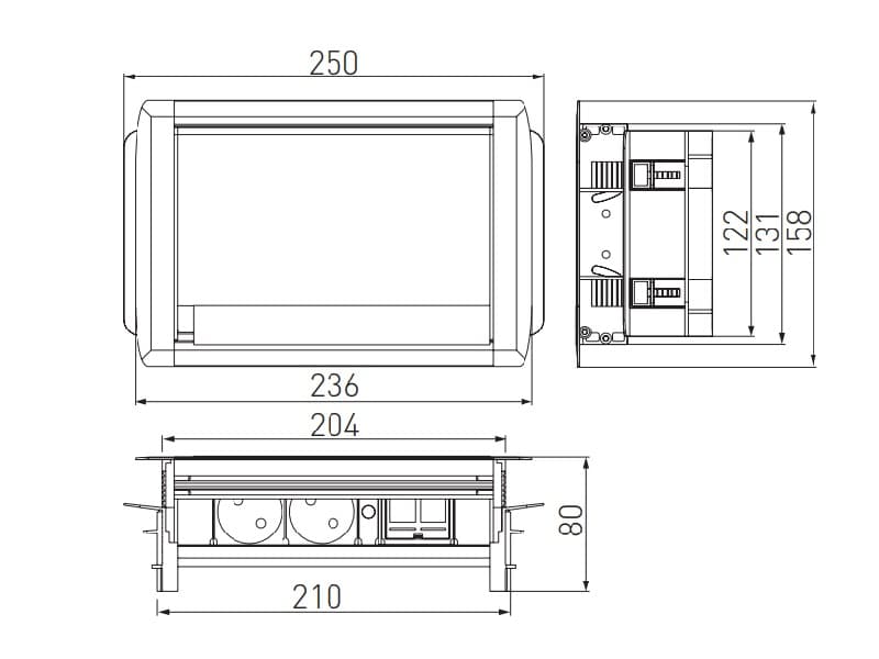 Trough-desk power socket letterbox with brush cable schema