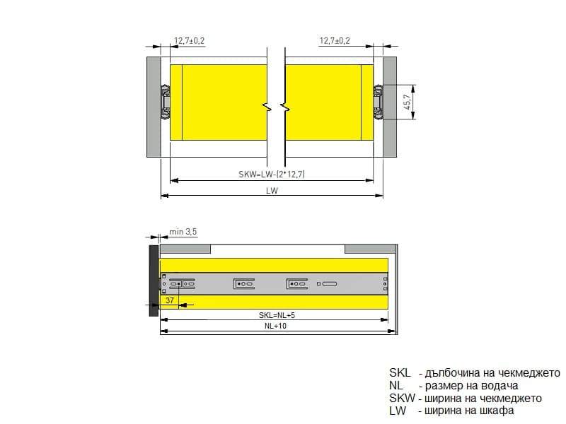 Ballbearing slide, full extension, soft closing, H45mm, PUSH, GTV schema