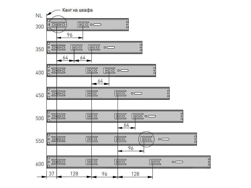 Ballbearing slide, full extension, soft closing, H45mm, PUSH, GTV schema