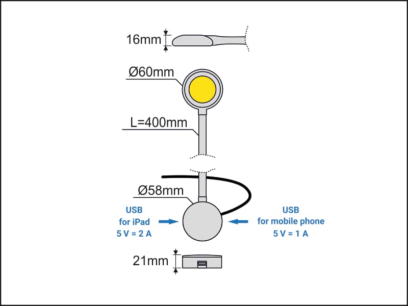 LED лампа МОДУС Димируема +2 x USB схема