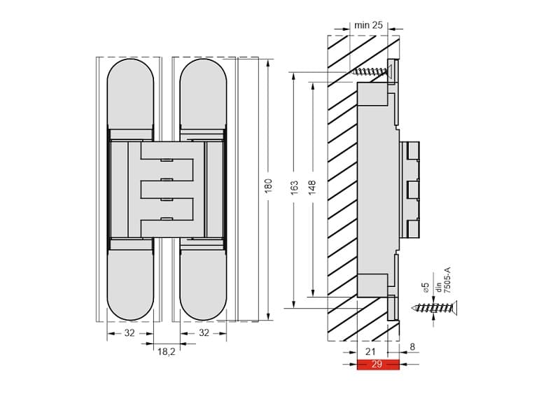 Concealed hinge for interior doors with 3D adjustment, model 1431, 120/145kg. schema