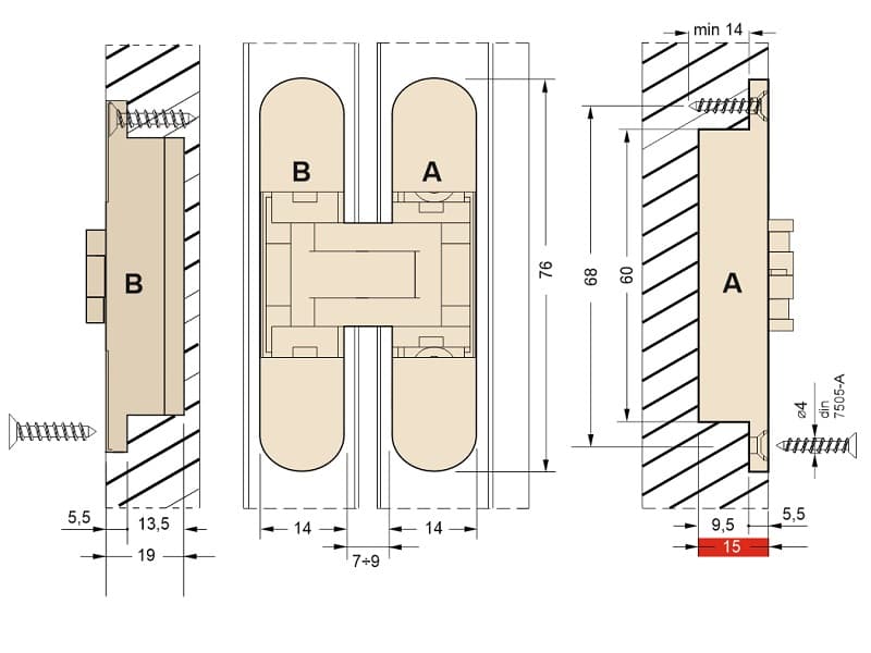 Concealed hinge for interior doors with 3D adjustment, model 929, 10/13kg. schema