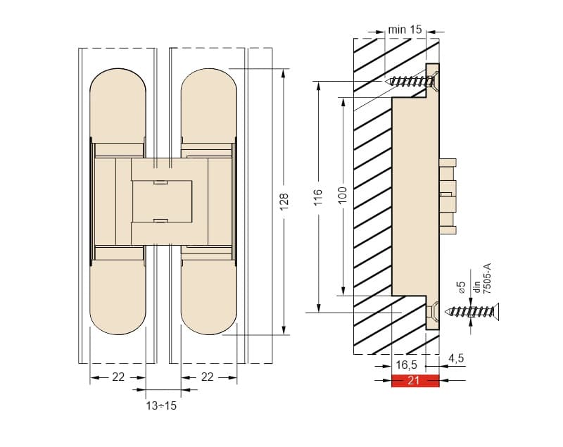 Concealed hinge for interior doors with 3D adjustment, model 1430, 30/50kg. schema