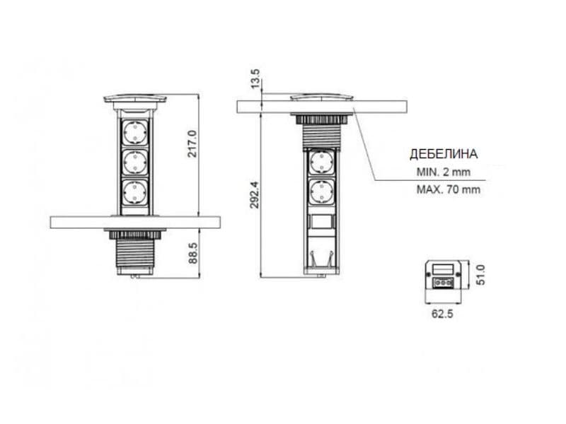 VersaPULL concealed power dock (3 Power sockets) schema