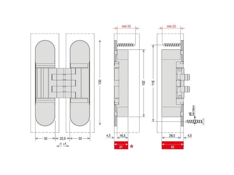 Concealed hinge for interior doors with 3D adjustment, model 1450, 60/80kg schema