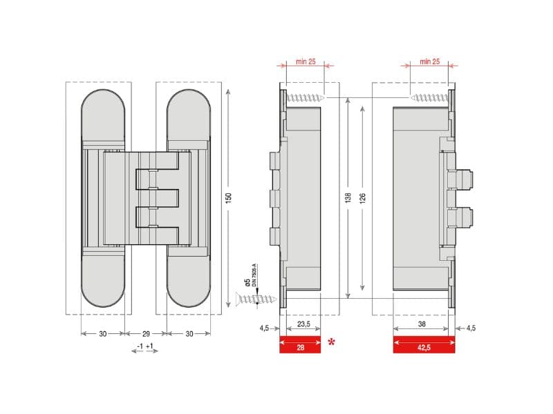 Concealed hinge for interior doors with 3D adjustment, model 1418, 80/100kg schema