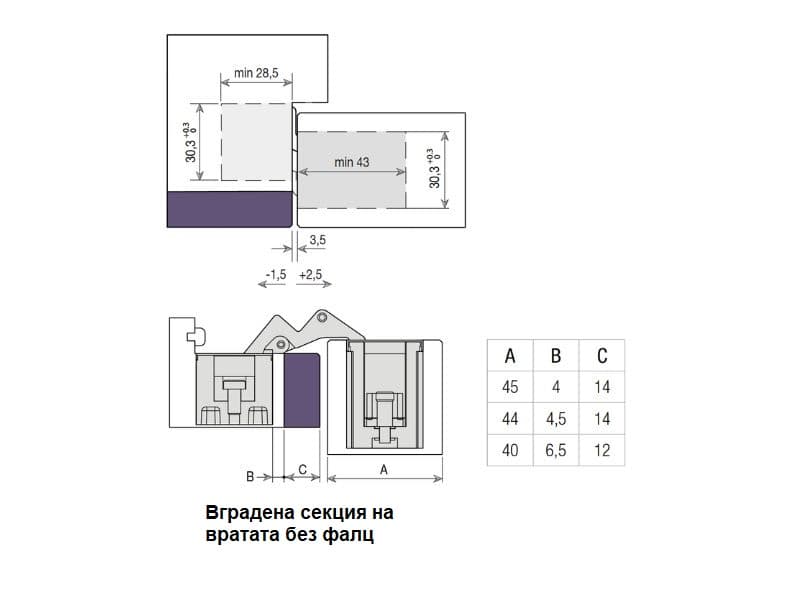 Concealed hinge for interior doors with 3D adjustment, model 1418, 80/100kg schema