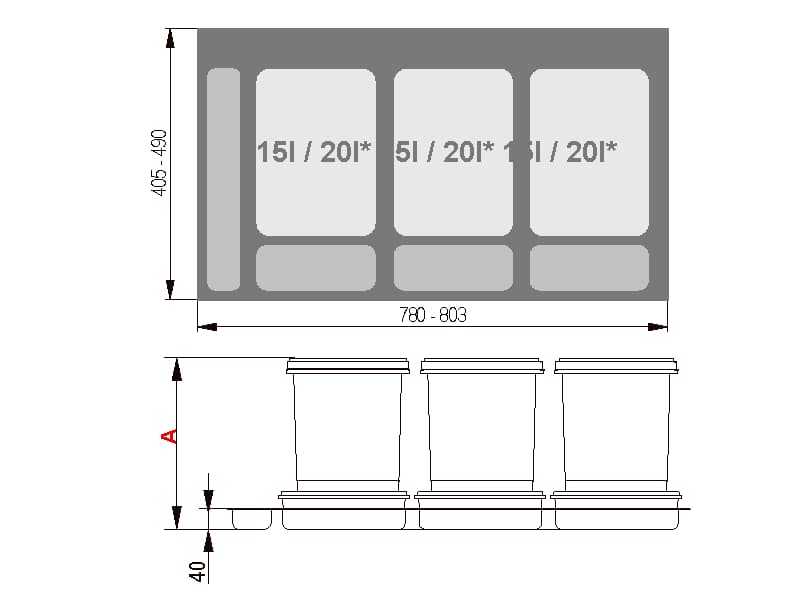 Wastebin PRAKTIKO 900mm - 3 x 15/20 L schema